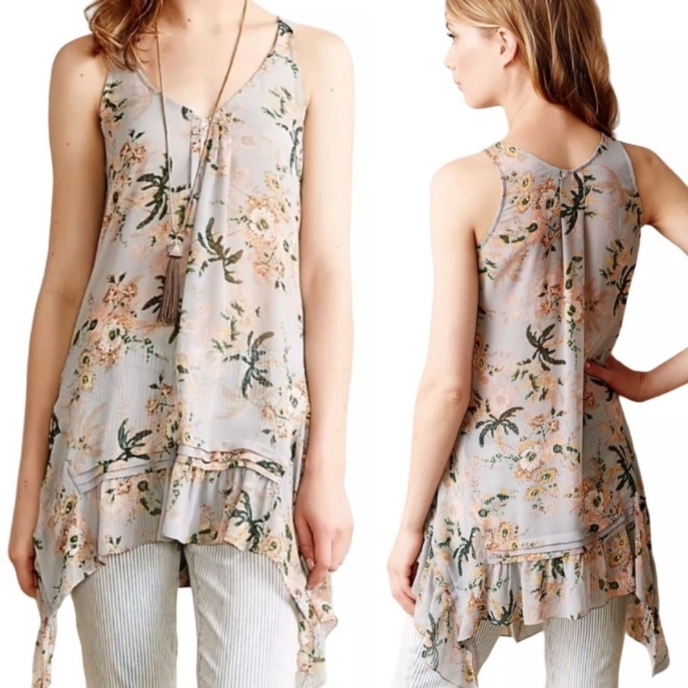 Anthropologie Maeve Magda Floral Sleeveless Ruffle Hem Tunic Top SZ XS Petite
